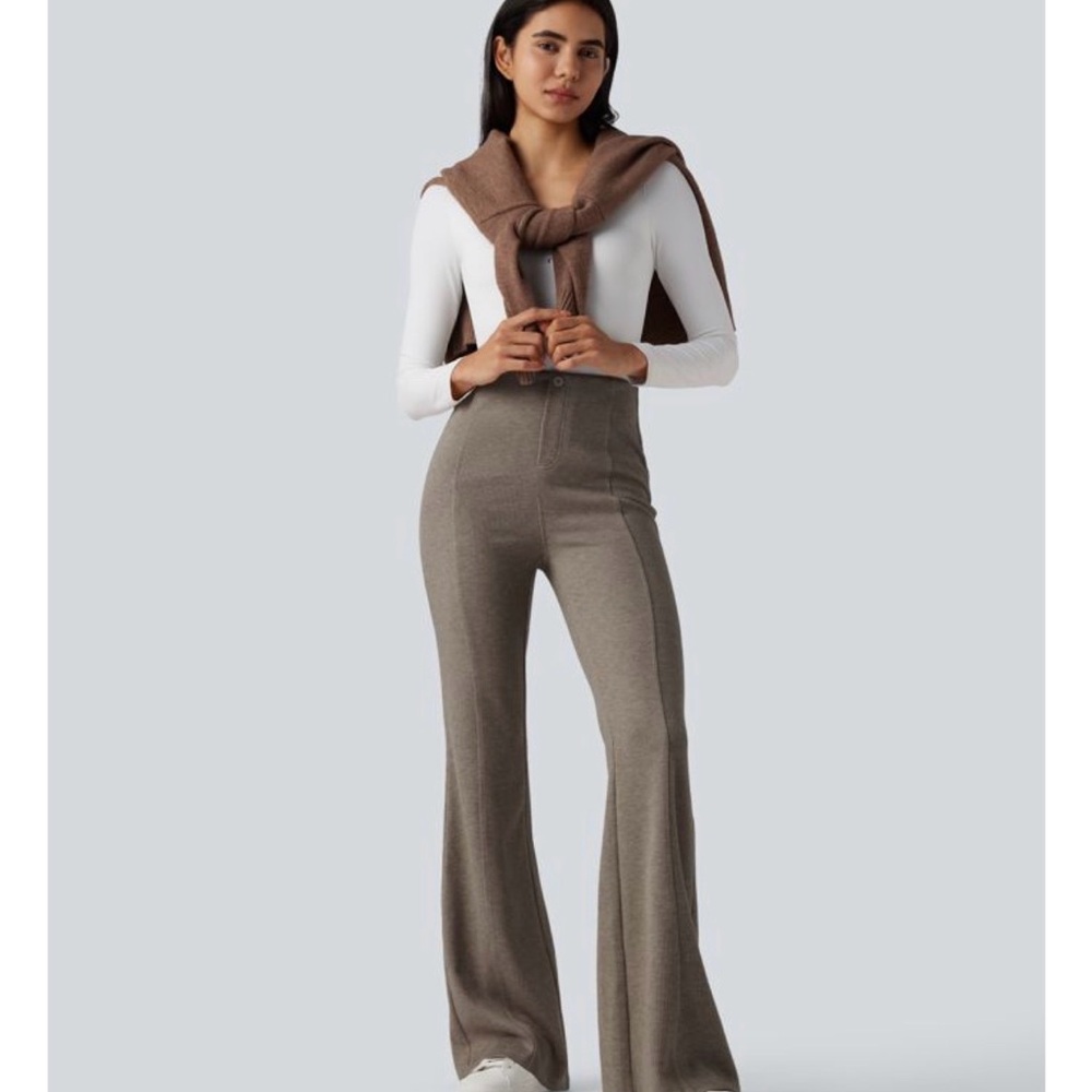 NWT | High-Waist Flared Knit Pants - Taupe - Picture 5 of 8